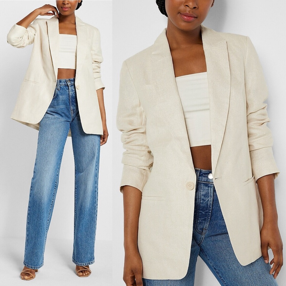 NWT Express Linen Blend Sparkle Glittery Blazer Jacket Beige Ecru Oversized XXS